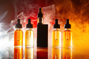 Naklejka premium Vaping kit. Set of electronic cigarettes. Liquid for refilling vape gadget. Vape oil. Juice for vaping in bottles. Vape kit in puffs of smoke. Tobacco-free smoking systems. E-cig with refill liquid
