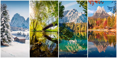 Collage of four seasons landscapes. Set of vertical pictures of nature background arranged in...