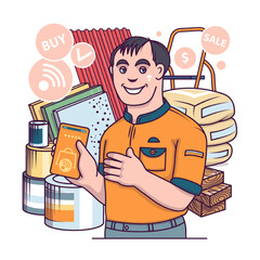 Smiling seller helping to order different paint. Online shopping concept. Time for shopping. Flat vector illustration in cartoon style in orange colors