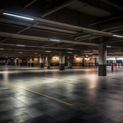 inside a parking garage, concrete floors, no cars, ultra realistic, photo taken midday