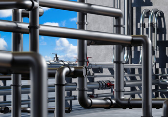 Manufacturing background. Pipes near concrete wall. Tangled metal pipeline. Manufacturing backdrop. Pipes in chemical plant. Manufacturing wallpaper. Pipes for supplying factory with fuel. 3d image