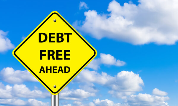 Debt free ahead. Yellow road sign. Offer to solve financial problems. Debt free zone warning. Street sign on sky background. Economic concept. Debt free slogan. Getting rid of loans. 3d image