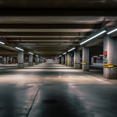 inside a parking garage, concrete floors, no cars, ultra realistic, photo taken midday