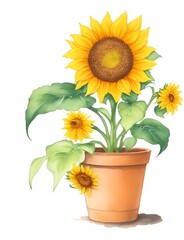floral illustration of a potted Sunflower plant on a white background
