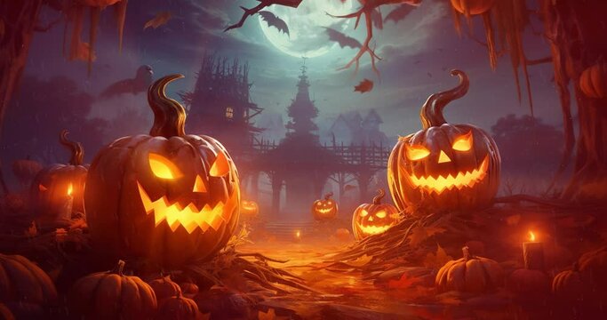 Spooky Night Halloween Banner with Pumpkins - Halloween Animation. Helloween season with Scary carved halloween pumpkin.