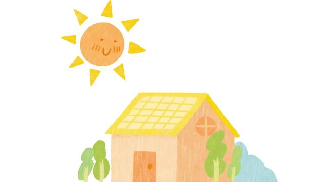 cute animation of sun looking and shining on a house