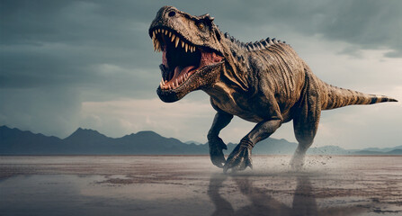 a huge Tyrannosaurus rex runs around in search of prey. Generative Ai