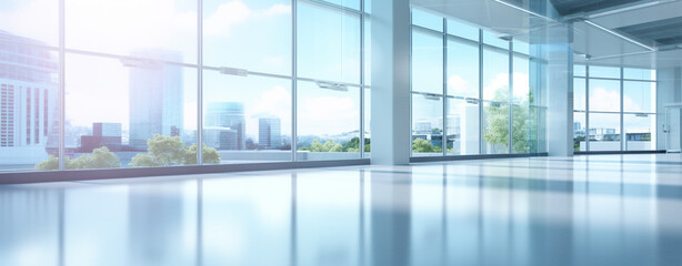 large bright corridor in a modern office with large panoramic windows. Generative Ai