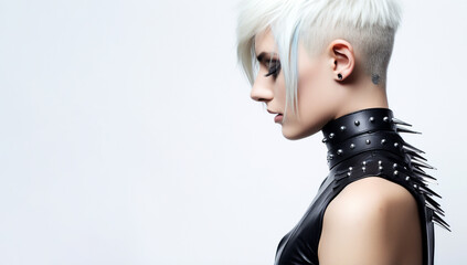 Fototapeta premium portrait of a beautiful young girl in profile. punk. in black leather clothes with chrome rivets and spikes on a white background. Generative Ai