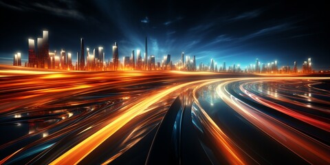 abstract background, banner with 
light effects of traces from high-speed traffic on the highway, neon bright lights and glare on a dark background 