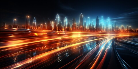 abstract background, banner with 
light effects of traces from high-speed traffic on the highway, neon bright lights and glare on a dark background 