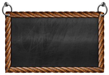 Old empty blackboard with wooden rectangular frame in the shape of brown ropes and steel rings for...