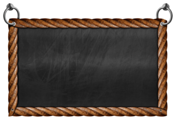 Old empty blackboard with wooden rectangular frame in the shape of brown ropes and steel rings for hanging. Isolated on white or transparent background and copy space, template, photography. Png.