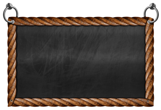 Old empty blackboard with wooden rectangular frame in the shape of brown ropes and steel rings for hanging. Isolated on white or transparent background and copy space, template, photography. Png. - Powered by Adobe