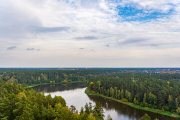 Fototapeta na wymiar Neman River Landscape in Autumn: Aerial Photography. Nemunas, Druskininkai, Lithuania