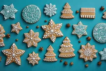 tasty decorated christmas cookies on blue background