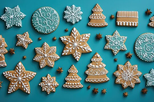 tasty decorated christmas cookies on blue background