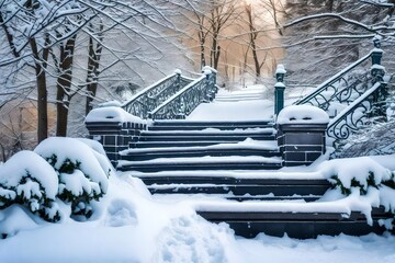 Beautiful View of stairs after heavy snow fall.
