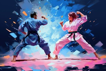 Two people practicing karate kicks, illustration