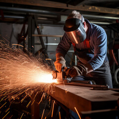 metal saw cutting beam with sparks flying.