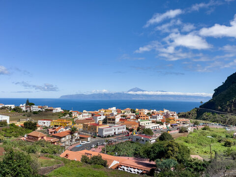 Beautiful little village of Agulo on La Gomera, on the horizon you can see the island of Tenerife