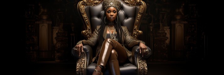 Fototapeta na wymiar African Woman Boss sitted on a Huge Armchair.