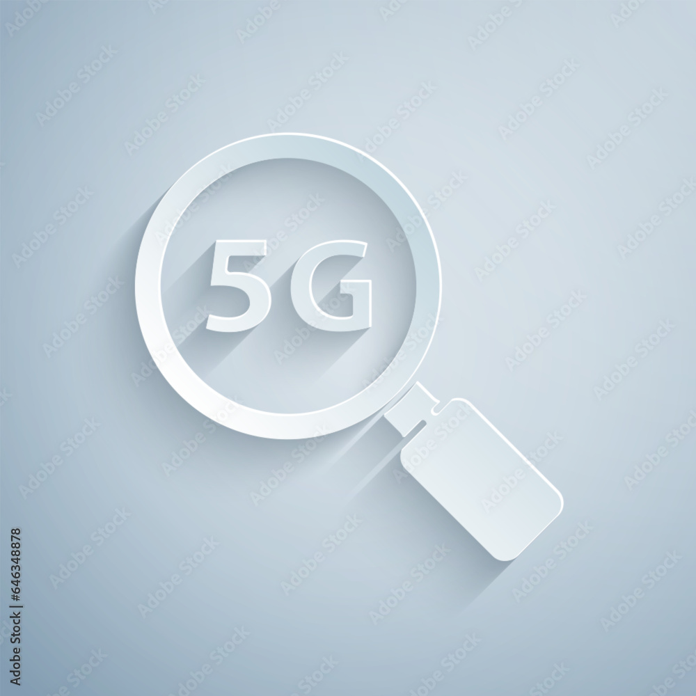 Poster paper cut search 5g new wireless internet wifi connection icon isolated on grey background. global n