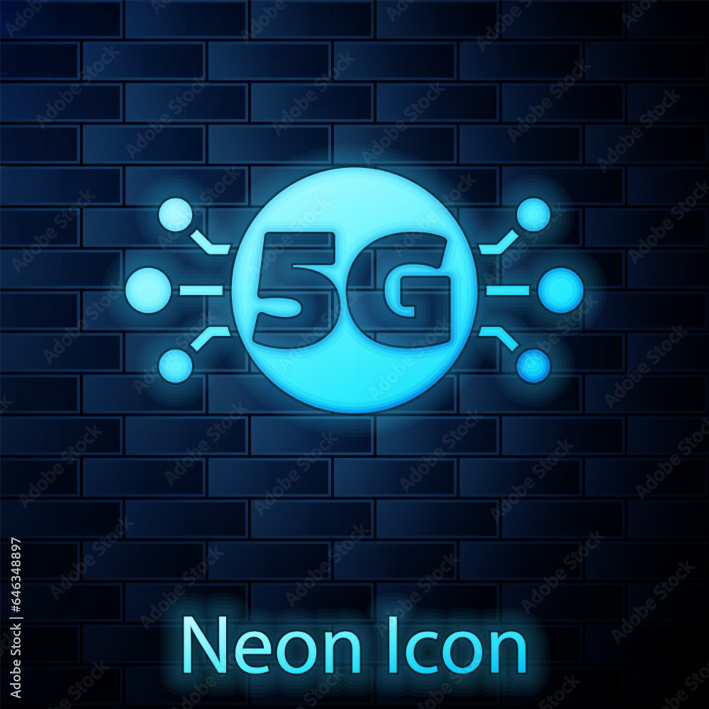 Poster Glowing neon 5G new wireless internet wifi connection icon isolated on brick wall background. Global network high speed connection data rate technology. Vector