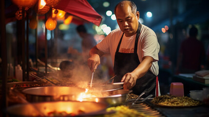 Street food vendor in Bangkok, cooking Pad Thai, vibrant night market atmosphere, neon signs, wok flare, smoke rising