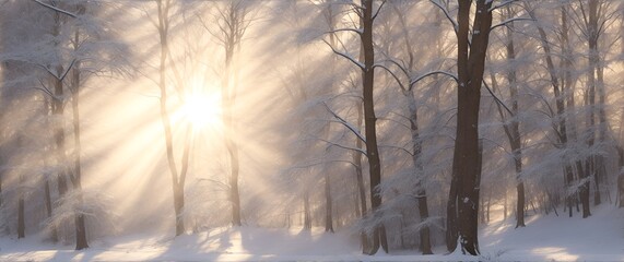 Winter scenery in a forest, the sun casts beautiful rays through the foliage from Generative AI