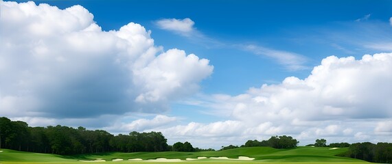 Golf course landscape with blue cloudy sky from Generative AI