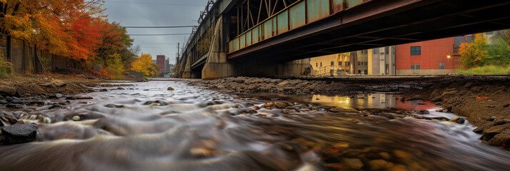 Hyper - realistic, urban river flowing under a graffiti - covered bridge, overcast skies, early...