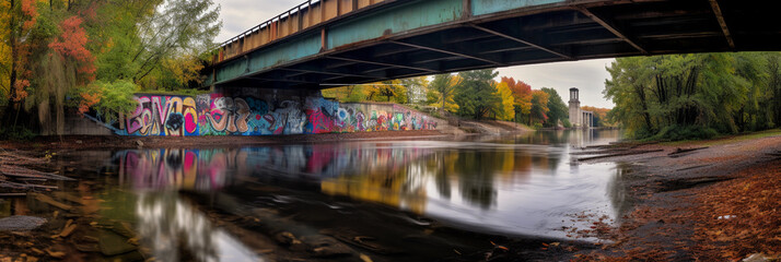 Hyper - realistic, urban river flowing under a graffiti - covered bridge, overcast skies, early...