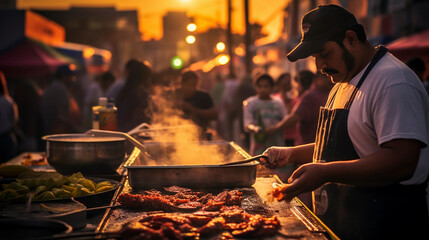 Fototapeta premium Mexican street food, Tacos Al Pastor, vendor slicing from vertical rotisserie, vibrant salsa in the foreground