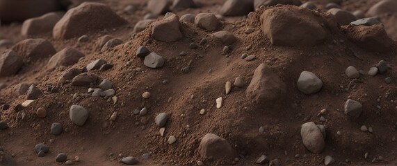 Fototapeta na wymiar Close-up of a bunch of loam soil with rocks in a plain dark background from Generative AI