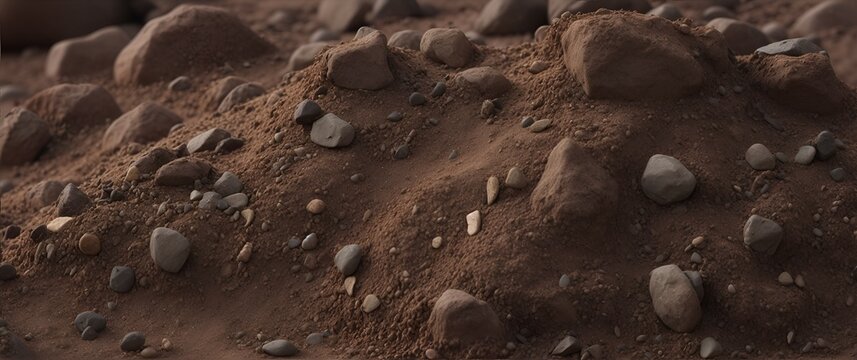 Close-up of a bunch of loam soil with rocks in a plain dark background from Generative AI