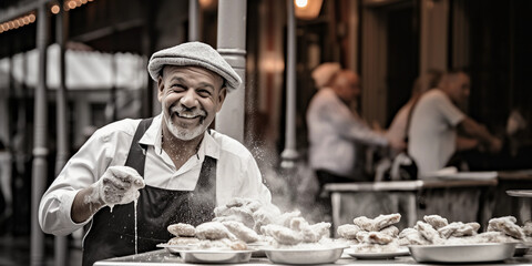 New Orleans, beignet vendor in the French Quarter, powdered sugar in the air, jazz musicians in...