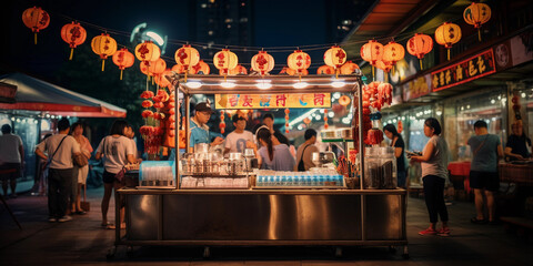 Fototapeta premium Night market in Taiwan, bubble tea stall, glowing lanterns, diverse crowd, photorealistic