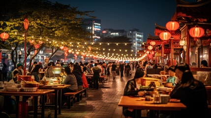 Outdoor night market, string lights, food stalls, bustling crowd, bokeh effect