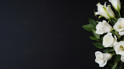 White roses on black background, funeral memorial mourning concept with space for text - obrazy, fototapety, plakaty