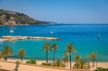 Scenic view onto the marina and the Mediterranean Sea bay by the old town of Menton, French Riviera, South of France