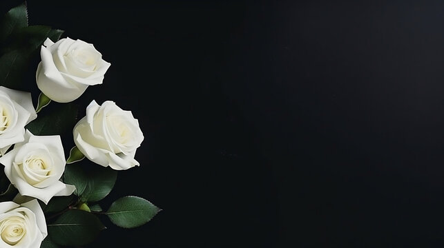White roses on black background, funeral memorial mourning concept with space for text