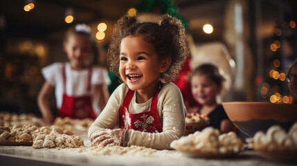A little girl smiles while making cookies in the kitchen, AI - obrazy, fototapety, plakaty