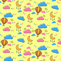 Dream childhood pattern - Yellow background
Suitable for newborns and older children. The pattern features colored clouds, a balloon crown and a cute moon. The pattern is perfect for a little princess