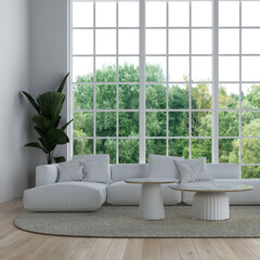White sofa in room with plants decoration and wood floor and white wall pattern. Mid-century style home interior design of modern living room in house in forest.