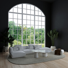 Grey sofa in room with plants decoration and wood floor and black wall pattern. Mid-century style home interior design of modern living room.