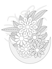 vector illustration, adult coloring page, flowers bouquet, flower pot flowers background, outlines. Vase with flowers. Hand drawn picture. Sketch for anti-stress adult coloring book.
