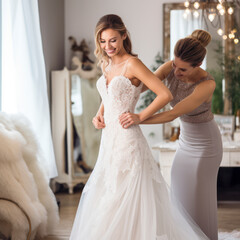 Naklejka premium woman having wedding dress fitted.