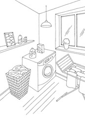 Laundry room home interior graphic black white vertical sketch illustration vector 