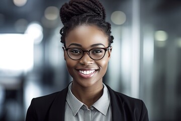 Close-up of happy businesswoman looking at camera and smiling in office African American female entrepreneur in office, business woman,Generated with AI